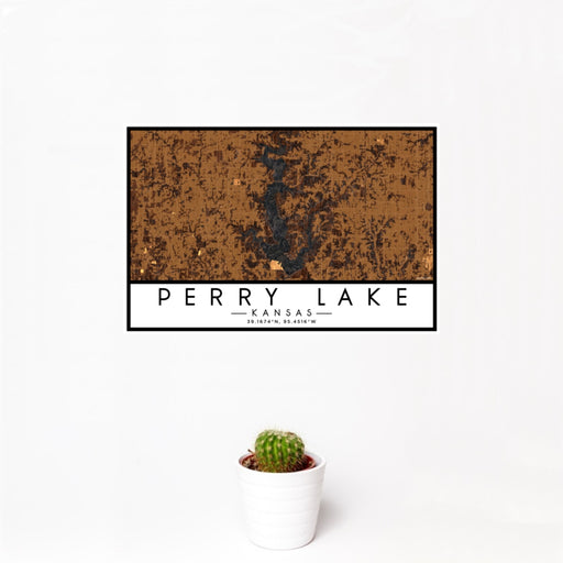 12x18 Perry Lake Kansas Map Print Landscape Orientation in Ember Style With Small Cactus Plant in White Planter