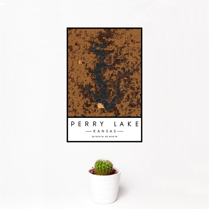 12x18 Perry Lake Kansas Map Print Portrait Orientation in Ember Style With Small Cactus Plant in White Planter