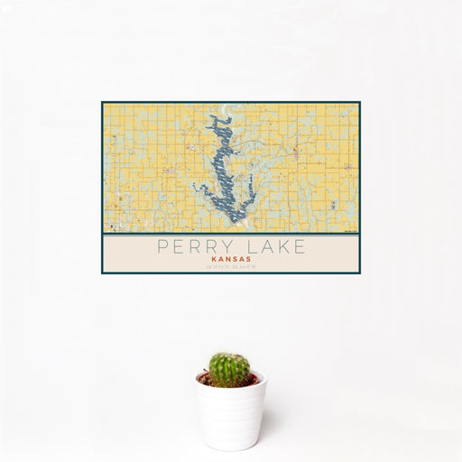 12x18 Perry Lake Kansas Map Print Landscape Orientation in Woodblock Style With Small Cactus Plant in White Planter
