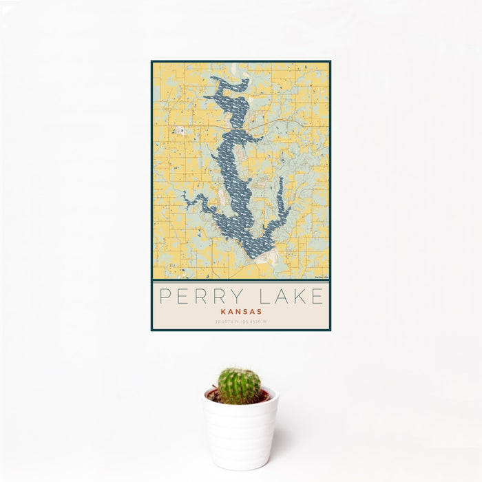 12x18 Perry Lake Kansas Map Print Portrait Orientation in Woodblock Style With Small Cactus Plant in White Planter