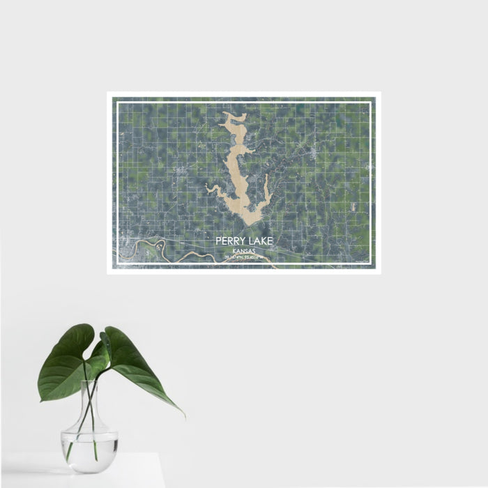 16x24 Perry Lake Kansas Map Print Landscape Orientation in Afternoon Style With Tropical Plant Leaves in Water