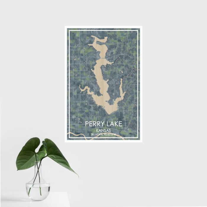 16x24 Perry Lake Kansas Map Print Portrait Orientation in Afternoon Style With Tropical Plant Leaves in Water