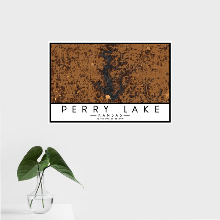 16x24 Perry Lake Kansas Map Print Landscape Orientation in Ember Style With Tropical Plant Leaves in Water