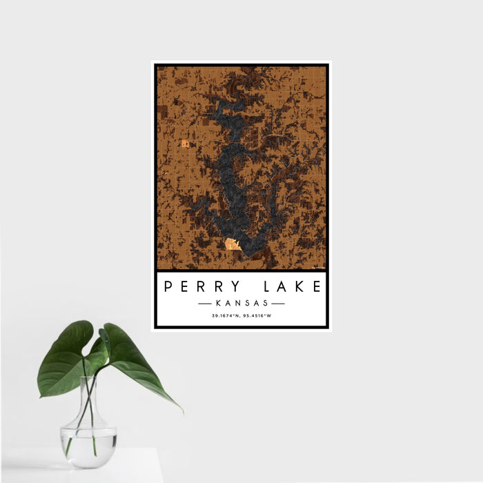 16x24 Perry Lake Kansas Map Print Portrait Orientation in Ember Style With Tropical Plant Leaves in Water