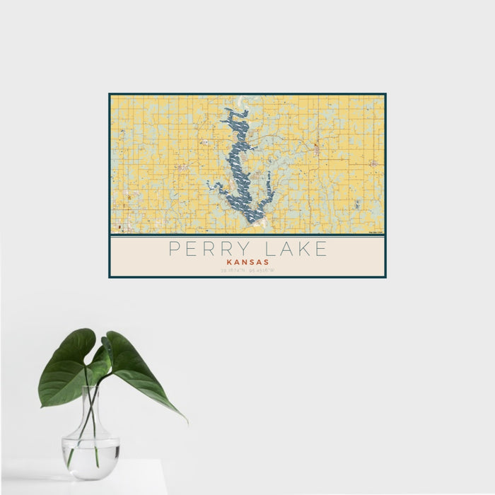 16x24 Perry Lake Kansas Map Print Landscape Orientation in Woodblock Style With Tropical Plant Leaves in Water