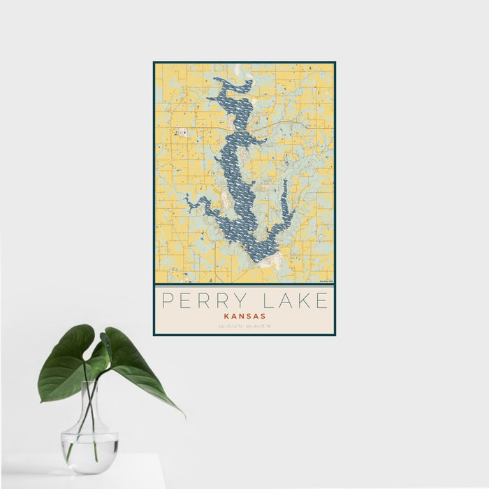16x24 Perry Lake Kansas Map Print Portrait Orientation in Woodblock Style With Tropical Plant Leaves in Water
