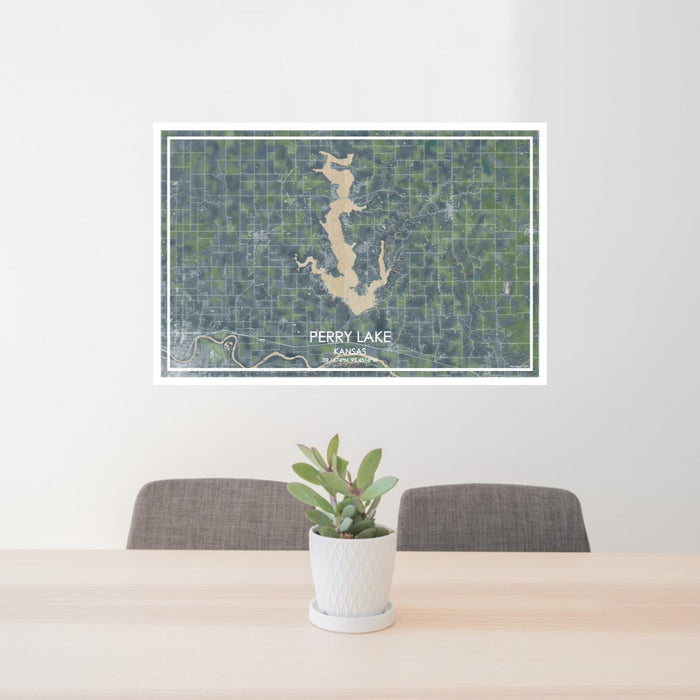 24x36 Perry Lake Kansas Map Print Lanscape Orientation in Afternoon Style Behind 2 Chairs Table and Potted Plant