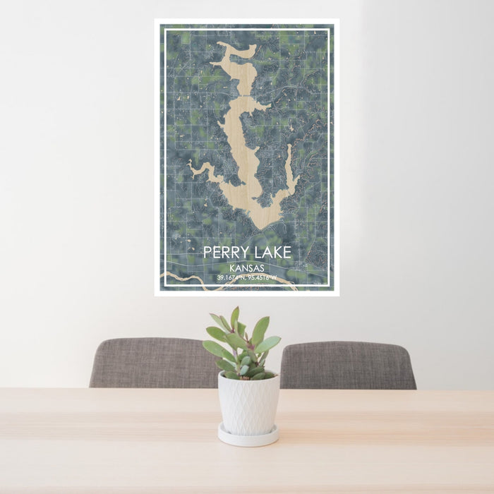 24x36 Perry Lake Kansas Map Print Portrait Orientation in Afternoon Style Behind 2 Chairs Table and Potted Plant