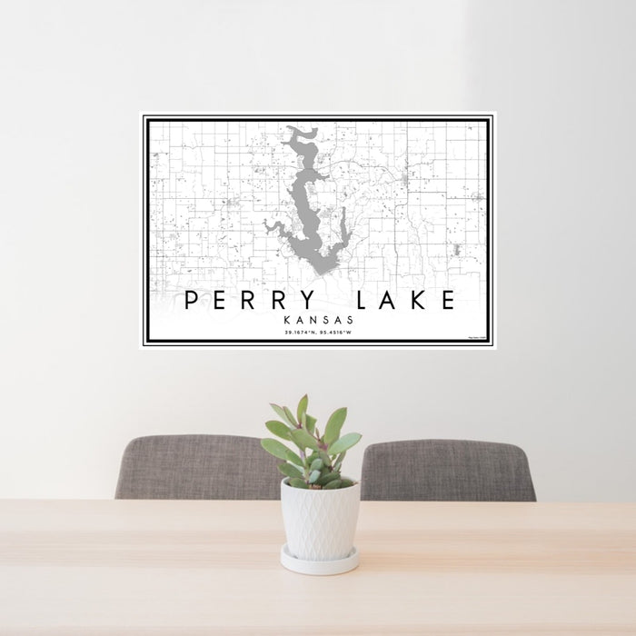 24x36 Perry Lake Kansas Map Print Lanscape Orientation in Classic Style Behind 2 Chairs Table and Potted Plant