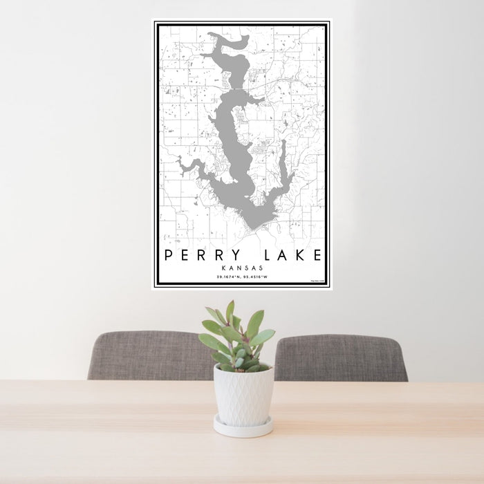 24x36 Perry Lake Kansas Map Print Portrait Orientation in Classic Style Behind 2 Chairs Table and Potted Plant