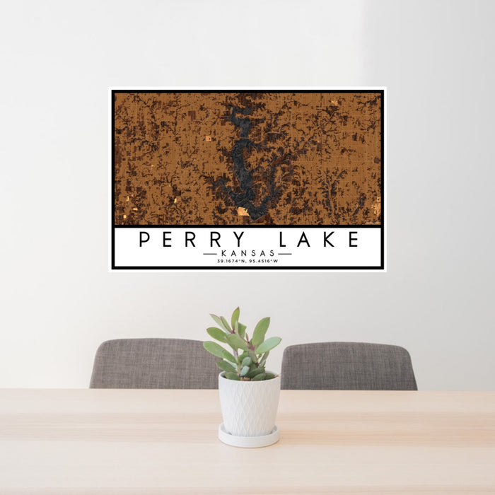 24x36 Perry Lake Kansas Map Print Lanscape Orientation in Ember Style Behind 2 Chairs Table and Potted Plant