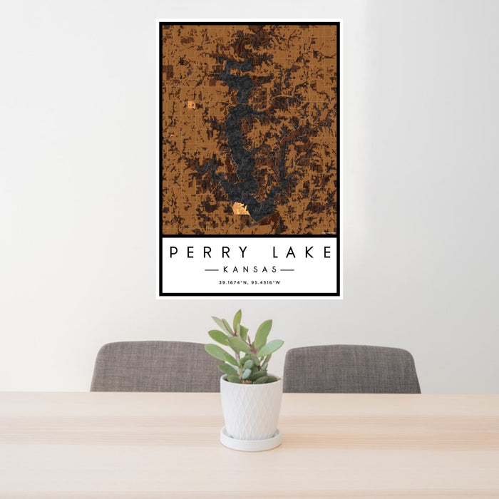 24x36 Perry Lake Kansas Map Print Portrait Orientation in Ember Style Behind 2 Chairs Table and Potted Plant