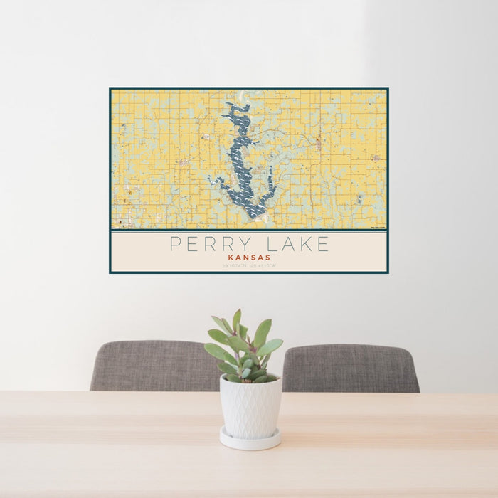 24x36 Perry Lake Kansas Map Print Lanscape Orientation in Woodblock Style Behind 2 Chairs Table and Potted Plant