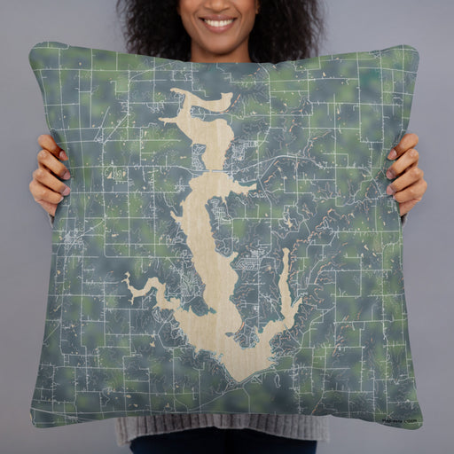 Person holding 22x22 Custom Perry Lake Kansas Map Throw Pillow in Afternoon