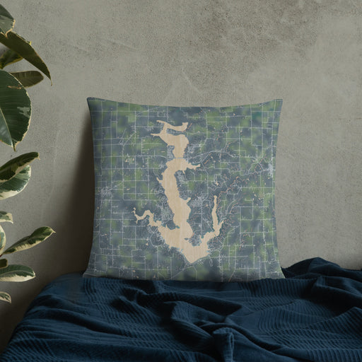 Custom Perry Lake Kansas Map Throw Pillow in Afternoon on Bedding Against Wall