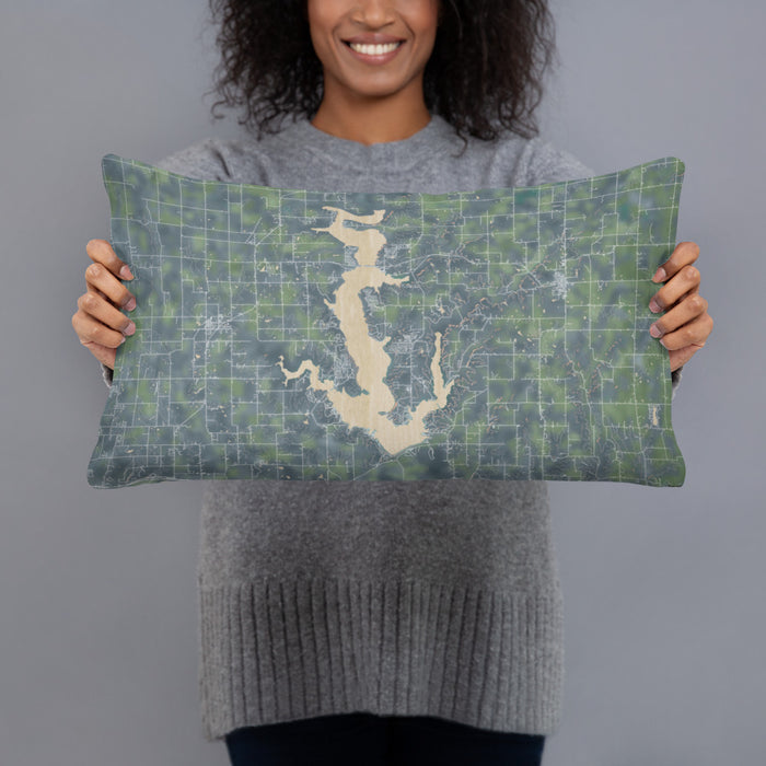 Person holding 20x12 Custom Perry Lake Kansas Map Throw Pillow in Afternoon