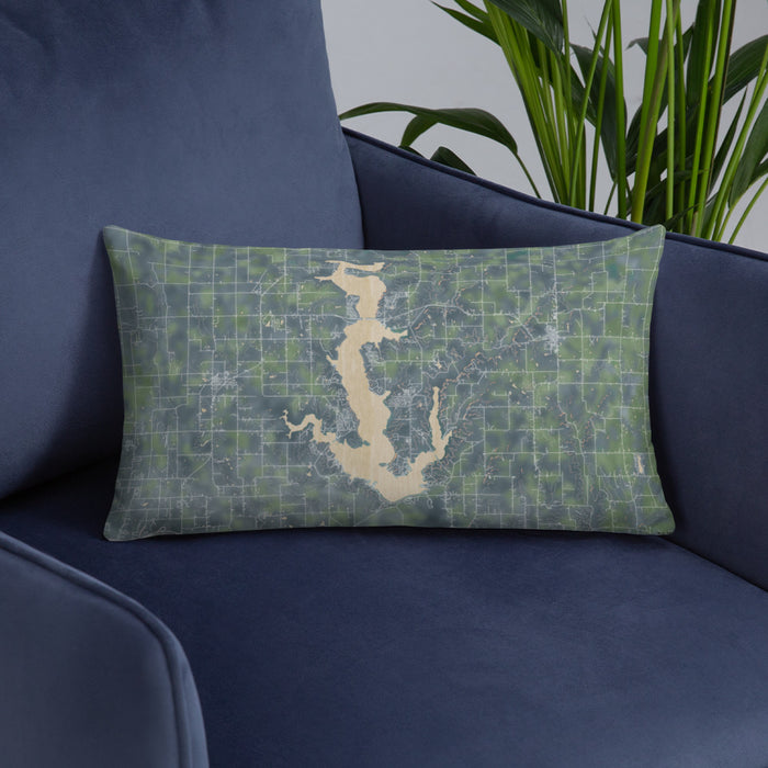 Custom Perry Lake Kansas Map Throw Pillow in Afternoon on Blue Colored Chair