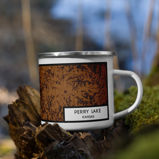 Right View Custom Perry Lake Kansas Map Enamel Mug in Ember on Grass With Trees in Background