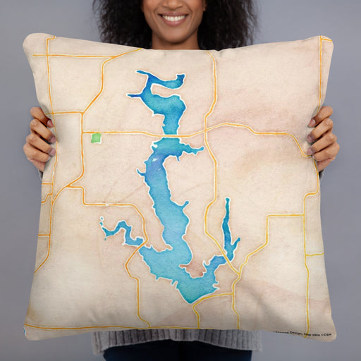 Person holding 22x22 Custom Perry Lake Kansas Map Throw Pillow in Watercolor