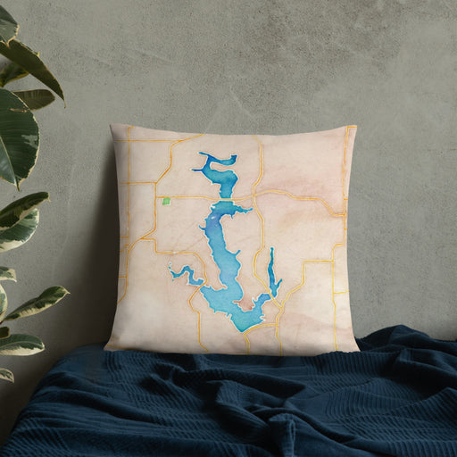 Custom Perry Lake Kansas Map Throw Pillow in Watercolor on Bedding Against Wall