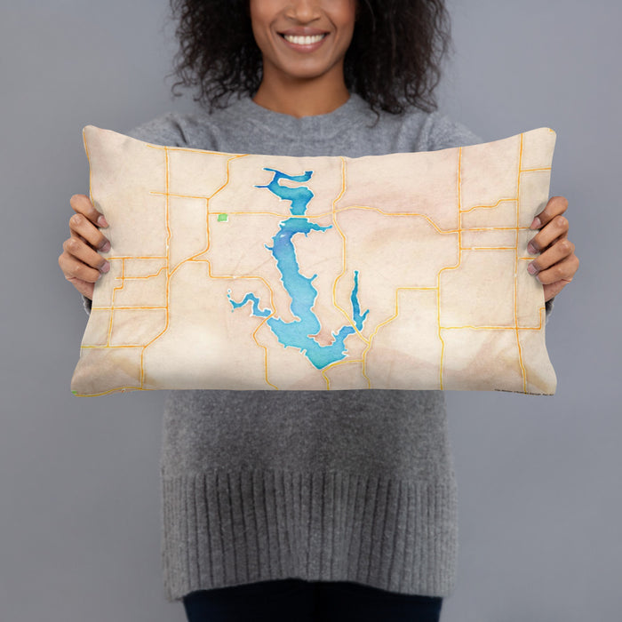 Person holding 20x12 Custom Perry Lake Kansas Map Throw Pillow in Watercolor