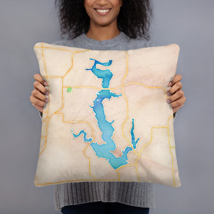 Person holding 18x18 Custom Perry Lake Kansas Map Throw Pillow in Watercolor