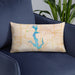 Custom Perry Lake Kansas Map Throw Pillow in Watercolor on Blue Colored Chair