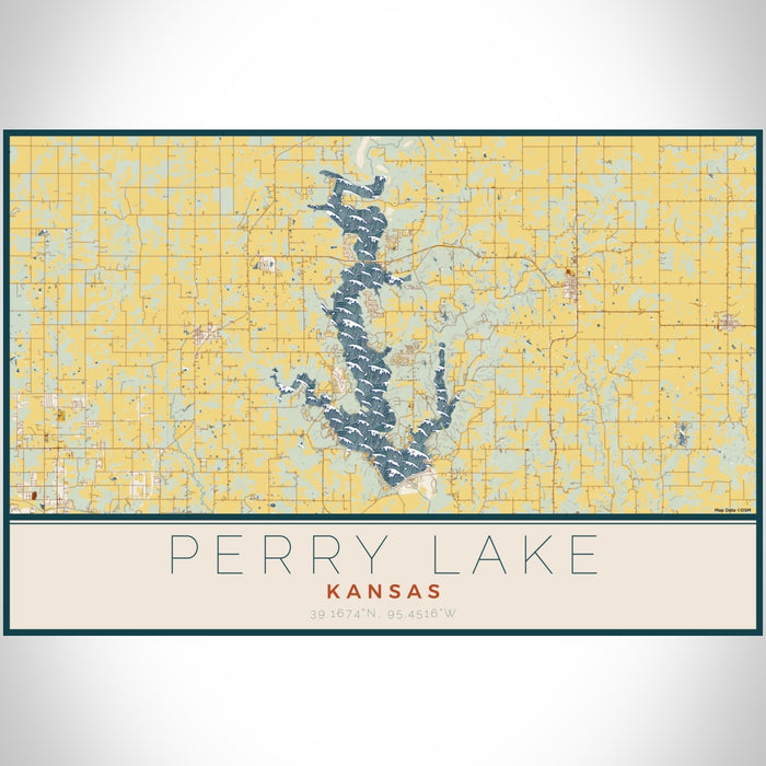 Perry Lake Kansas Map Print Landscape Orientation in Woodblock Style With Shaded Background