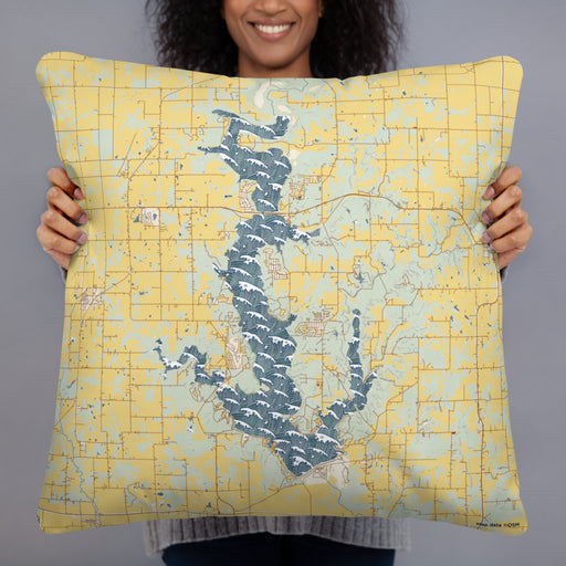 Person holding 22x22 Custom Perry Lake Kansas Map Throw Pillow in Woodblock