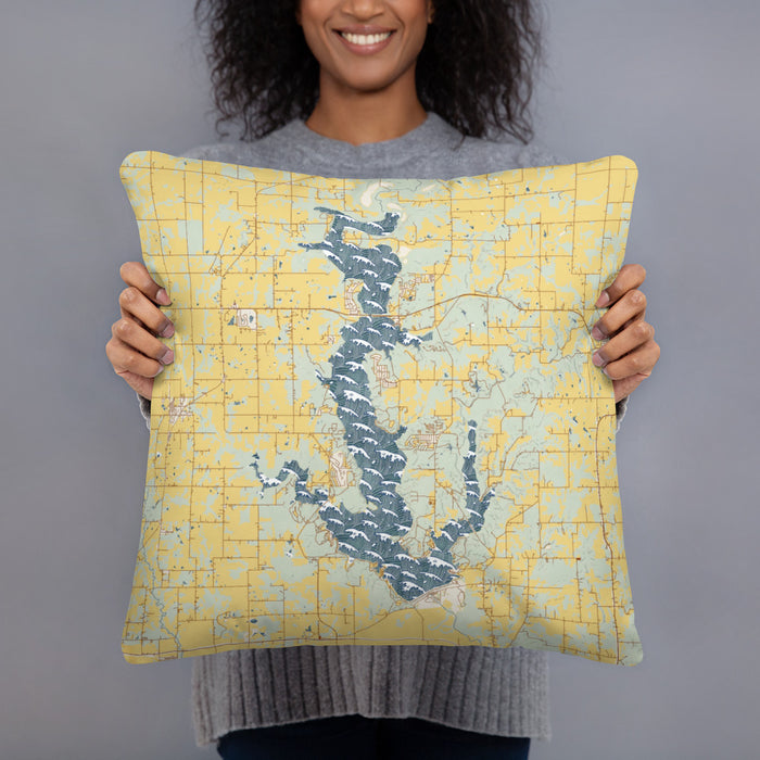 Person holding 18x18 Custom Perry Lake Kansas Map Throw Pillow in Woodblock
