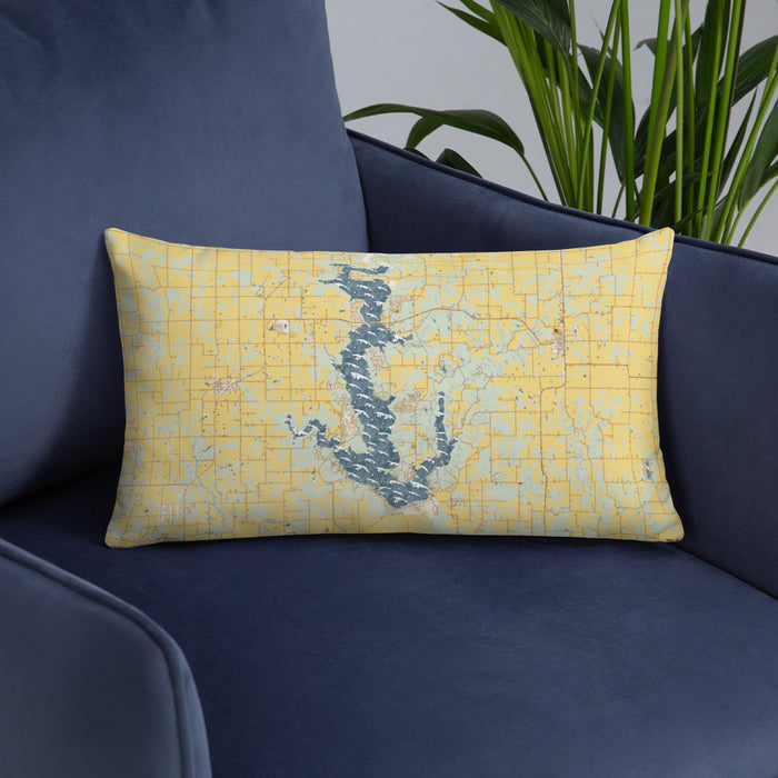 Custom Perry Lake Kansas Map Throw Pillow in Woodblock on Blue Colored Chair