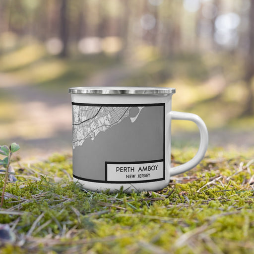 Right View Custom Perth Amboy New Jersey Map Enamel Mug in Classic on Grass With Trees in Background