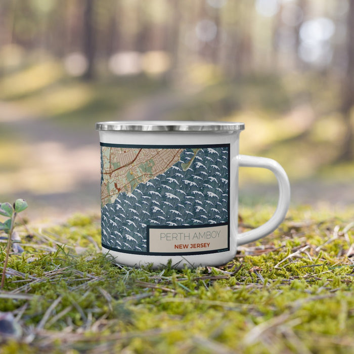 Right View Custom Perth Amboy New Jersey Map Enamel Mug in Woodblock on Grass With Trees in Background