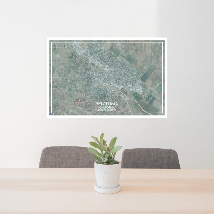 24x36 Petaluma California Map Print Lanscape Orientation in Afternoon Style Behind 2 Chairs Table and Potted Plant