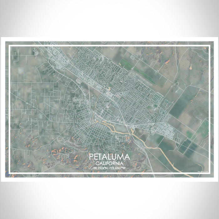 Petaluma California Map Print Landscape Orientation in Afternoon Style With Shaded Background