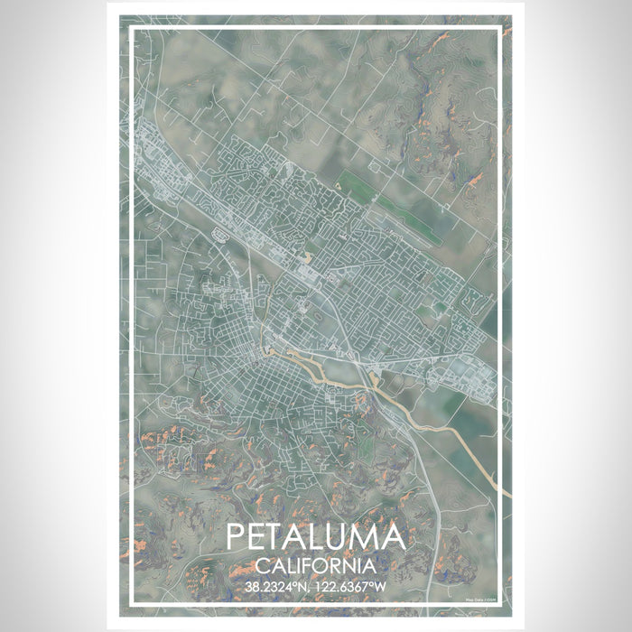 Petaluma California Map Print Portrait Orientation in Afternoon Style With Shaded Background