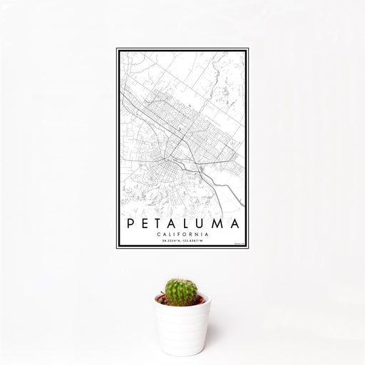 12x18 Petaluma California Map Print Portrait Orientation in Classic Style With Small Cactus Plant in White Planter