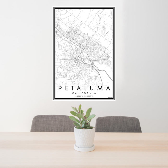 24x36 Petaluma California Map Print Portrait Orientation in Classic Style Behind 2 Chairs Table and Potted Plant