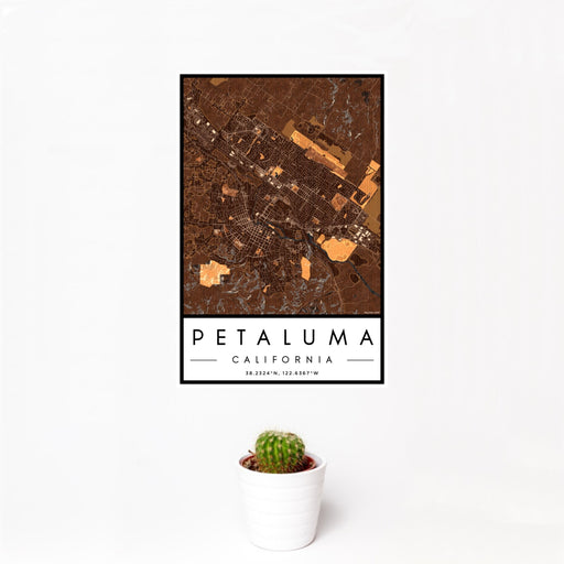 12x18 Petaluma California Map Print Portrait Orientation in Ember Style With Small Cactus Plant in White Planter
