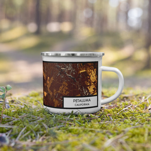 Right View Custom Petaluma California Map Enamel Mug in Ember on Grass With Trees in Background