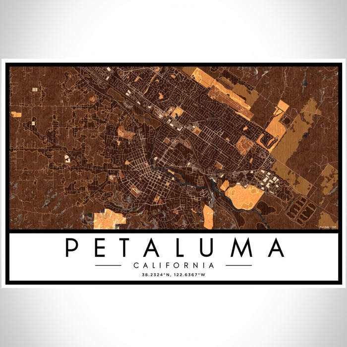 Petaluma California Map Print Landscape Orientation in Ember Style With Shaded Background