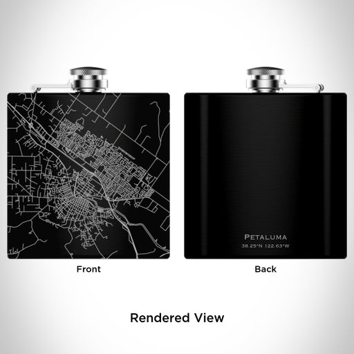 Rendered View of Petaluma California Map Engraving on 6oz Stainless Steel Flask in Black