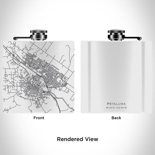 Rendered View of Petaluma California Map Engraving on 6oz Stainless Steel Flask in White