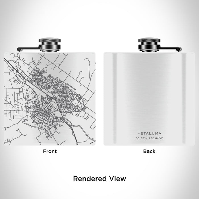 Rendered View of Petaluma California Map Engraving on 6oz Stainless Steel Flask in White