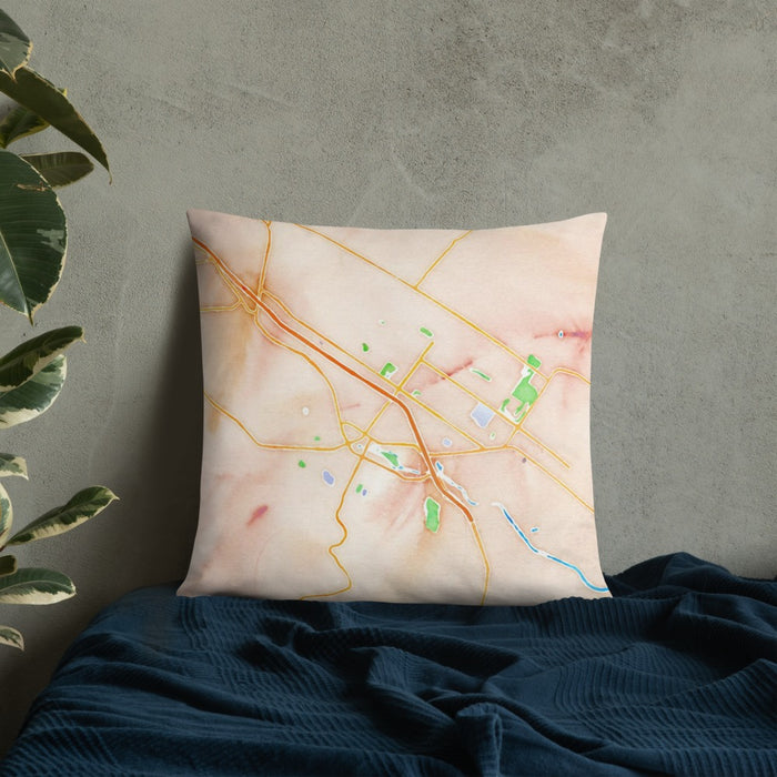 Custom Petaluma California Map Throw Pillow in Watercolor on Bedding Against Wall
