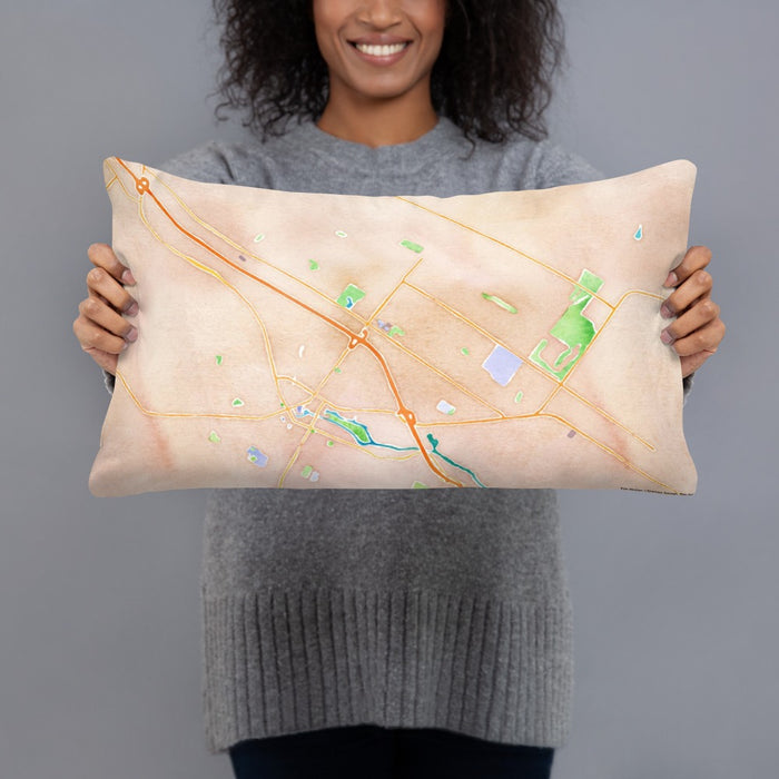 Person holding 20x12 Custom Petaluma California Map Throw Pillow in Watercolor