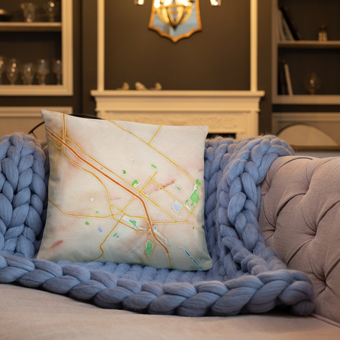 Custom Petaluma California Map Throw Pillow in Watercolor on Cream Colored Couch