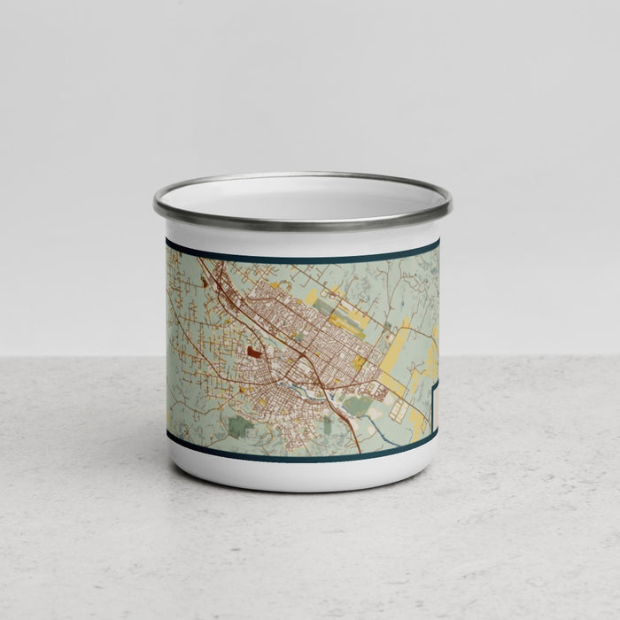 Front View Custom Petaluma California Map Enamel Mug in Woodblock