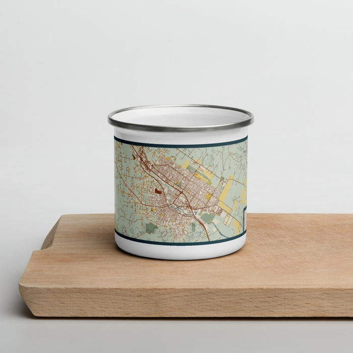 Front View Custom Petaluma California Map Enamel Mug in Woodblock on Cutting Board