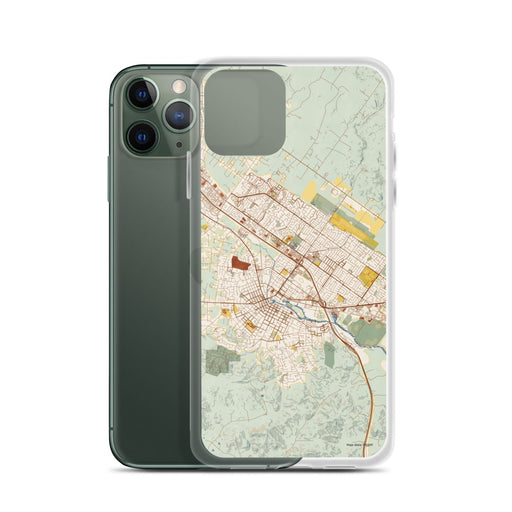 Custom Petaluma California Map Phone Case in Woodblock on Table with Laptop and Plant